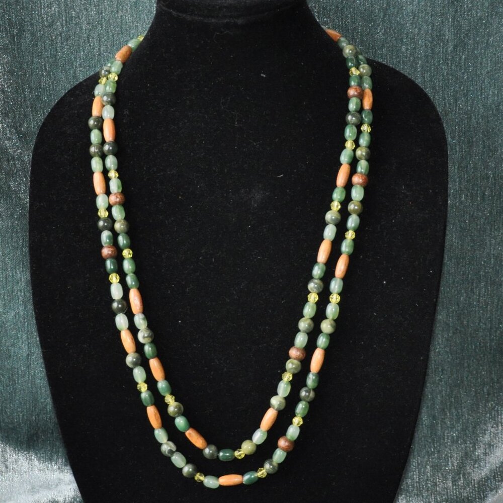 Hand Beaded Long Stand Necklace Wooden & Green Beads Mixed Medium Boho 30"